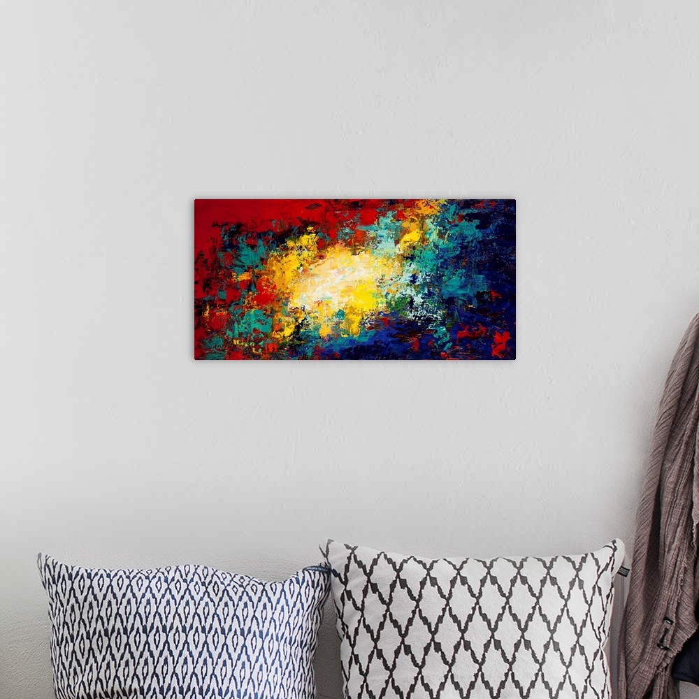 A bohemian room featuring Contemporary abstract painting in primary colors.