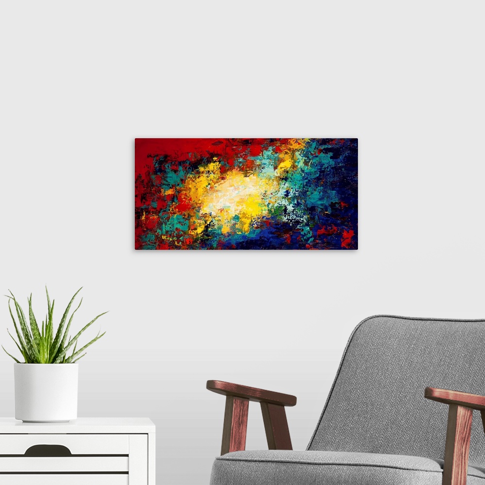 A modern room featuring Contemporary abstract painting in primary colors.