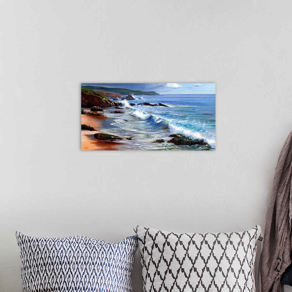 A bohemian room featuring Contemporary painting of waves from the ocean crashing on a rugged coastline.