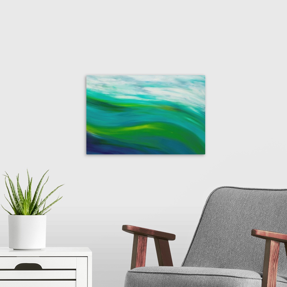 A modern room featuring Contemporary abstract resembling rushing water in cool blue and green tones.