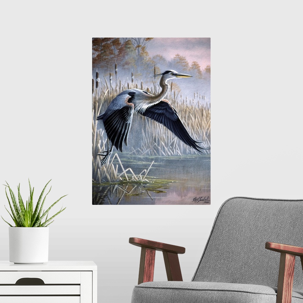 A modern room featuring Heron taking off over water.