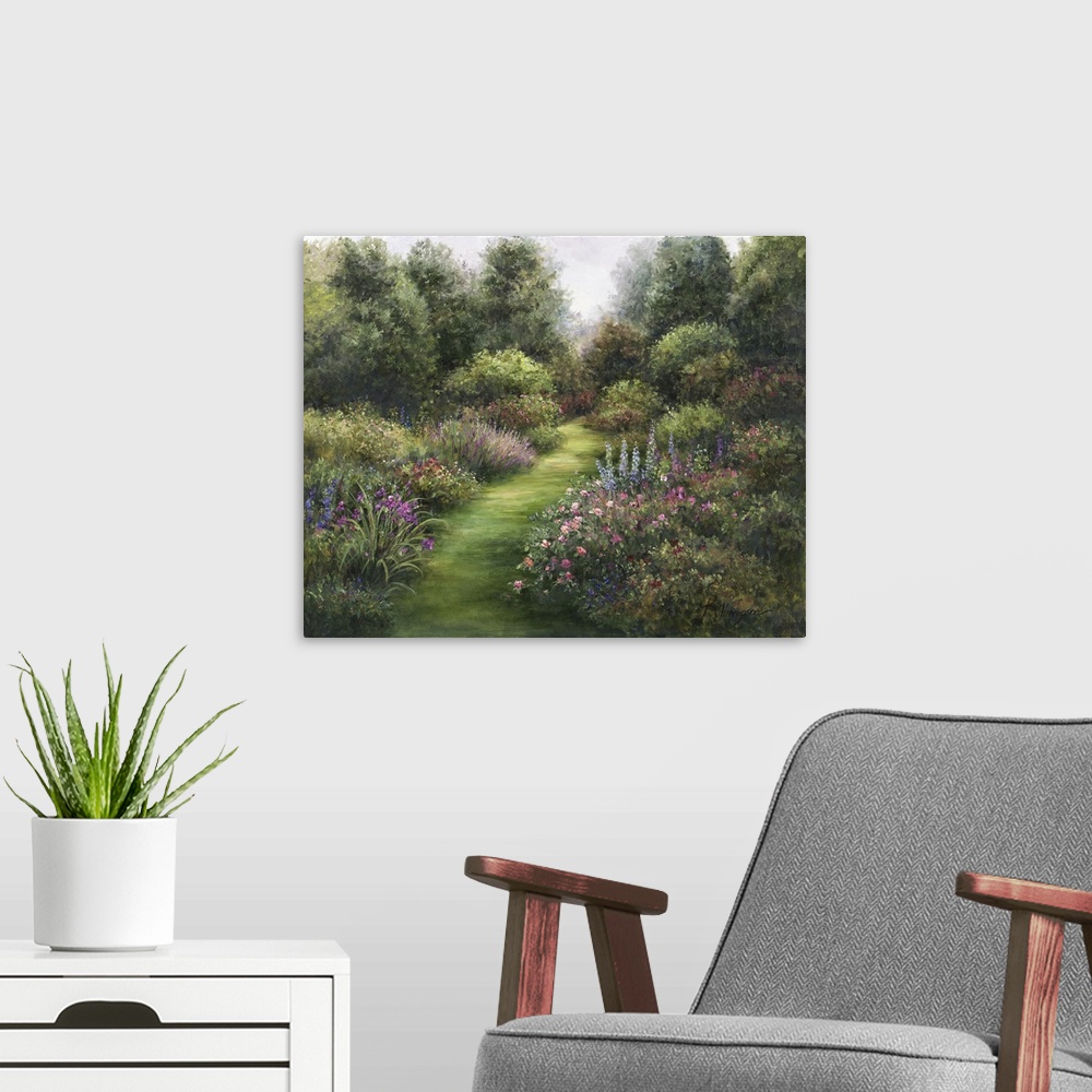 A modern room featuring Contemporary colorful painting of an idyllic garden scene.