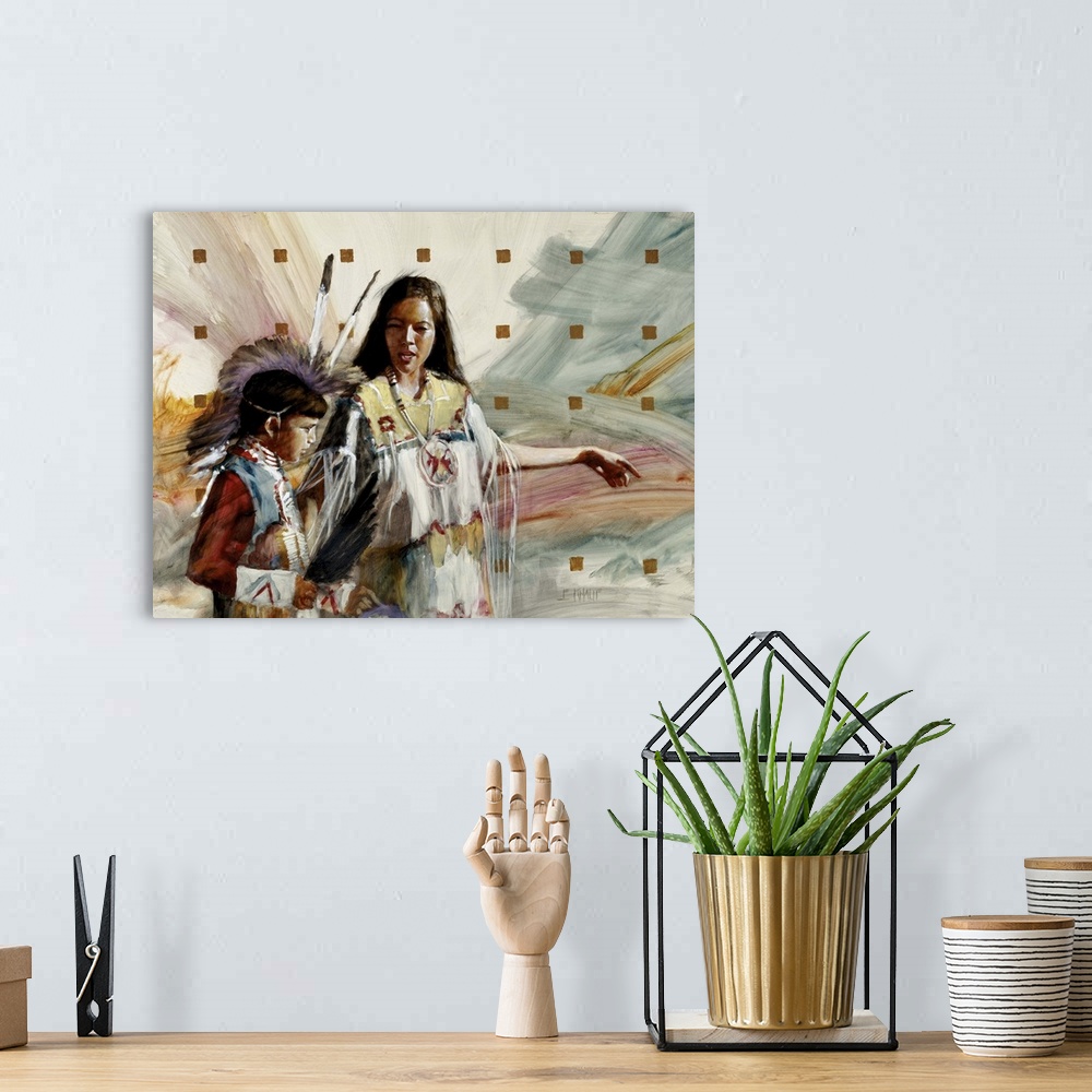 A bohemian room featuring Contemporary western theme painting of two Native American children.