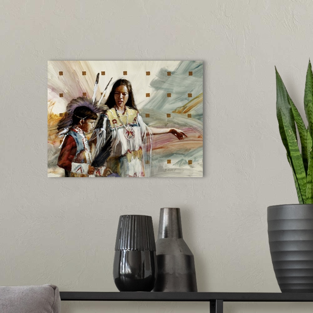 A modern room featuring Contemporary western theme painting of two Native American children.
