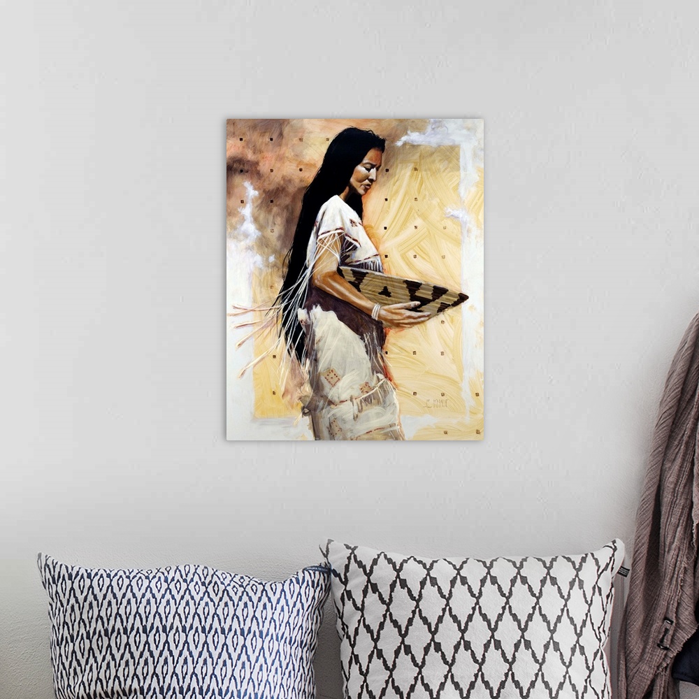 A bohemian room featuring Contemporary western theme painting of a traditionally dressed native American woman.