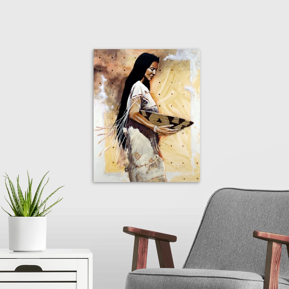 A modern room featuring Contemporary western theme painting of a traditionally dressed native American woman.