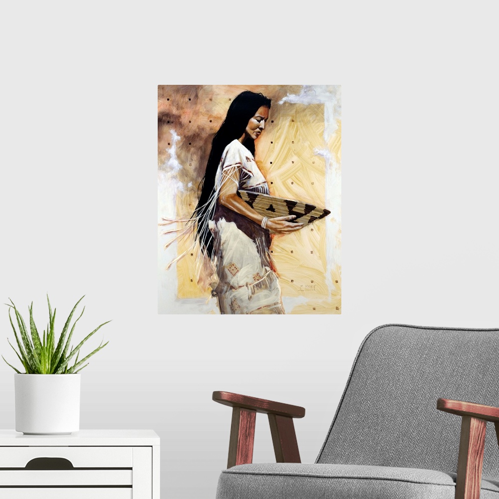 A modern room featuring Contemporary western theme painting of a traditionally dressed native American woman.