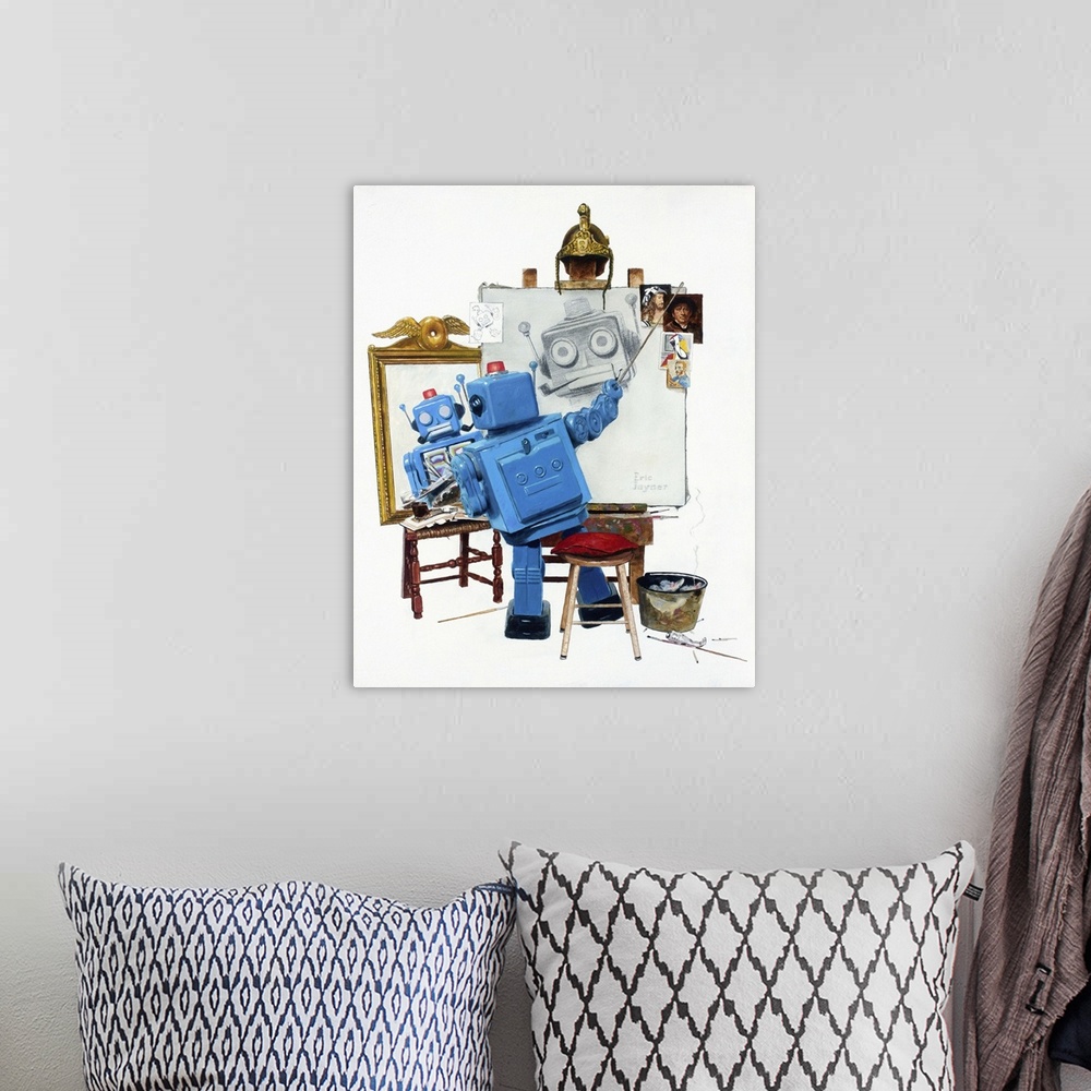 A bohemian room featuring A contemporary painting of a blue retro toy robot painting himself while looking into a mirror re...
