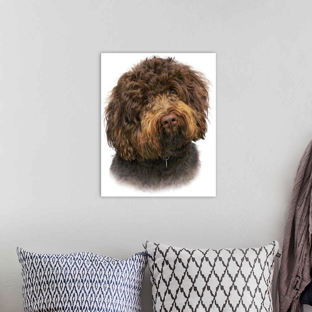 A bohemian room featuring Contemporary artwork of a dog portrait against a white background.