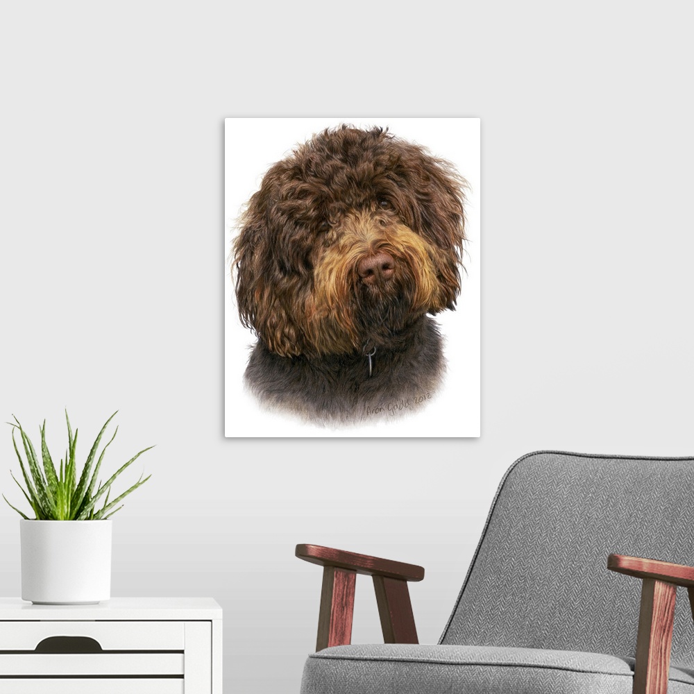 A modern room featuring Contemporary artwork of a dog portrait against a white background.