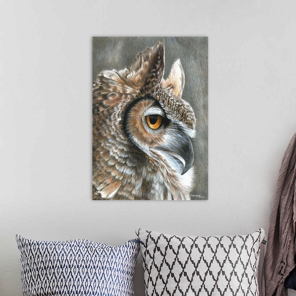 A bohemian room featuring Contemporary artwork of an owl close-up on its face.