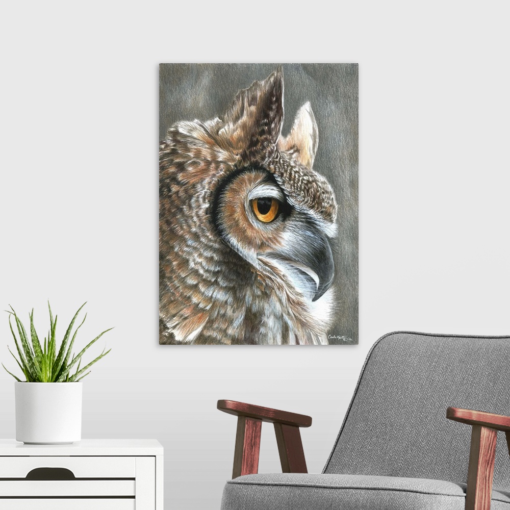 A modern room featuring Contemporary artwork of an owl close-up on its face.