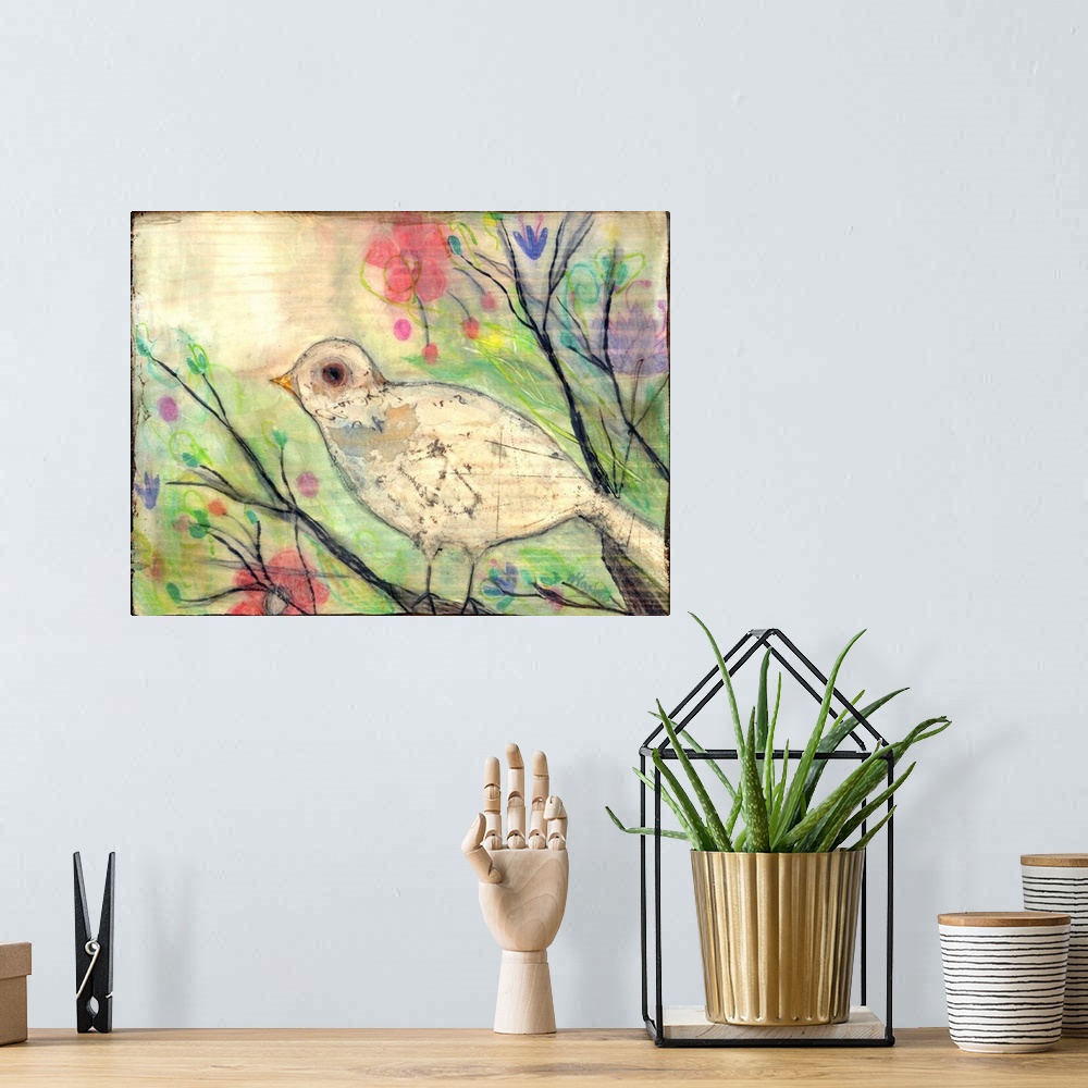 A bohemian room featuring Painting of a white bird in a tree with colorful flowers.