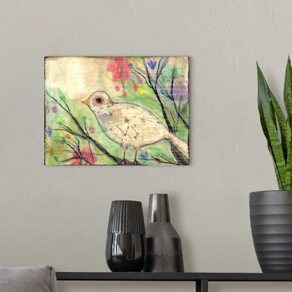 A modern room featuring Painting of a white bird in a tree with colorful flowers.