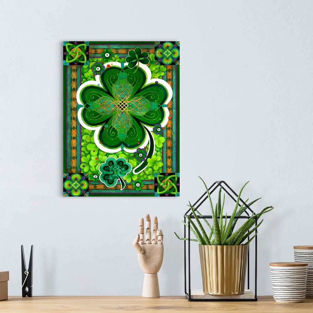 A bohemian room featuring Contemporary artwork of bright green shamrocks against an elaborate and decorative background.