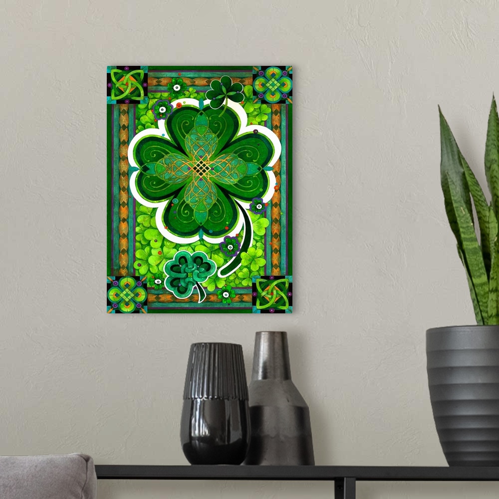A modern room featuring Contemporary artwork of bright green shamrocks against an elaborate and decorative background.