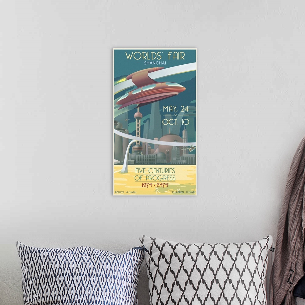 A bohemian room featuring Contemporary retro travel poster.