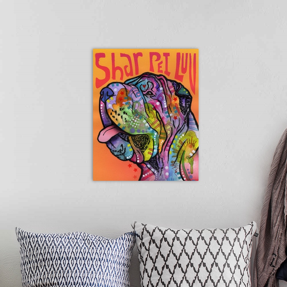 A bohemian room featuring Colorfully designed painting of a Shar Pei on an orange background with "Shar Pei Luv" spray pain...