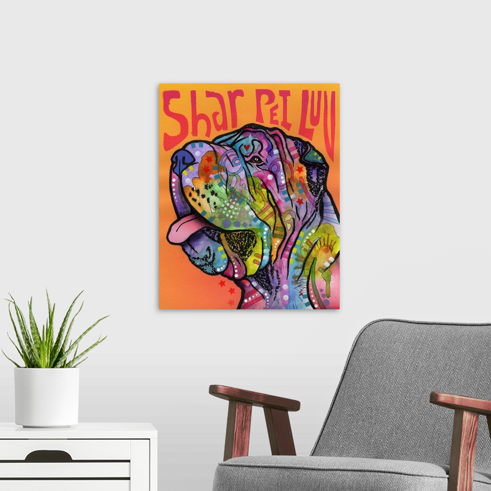A modern room featuring Colorfully designed painting of a Shar Pei on an orange background with "Shar Pei Luv" spray pain...
