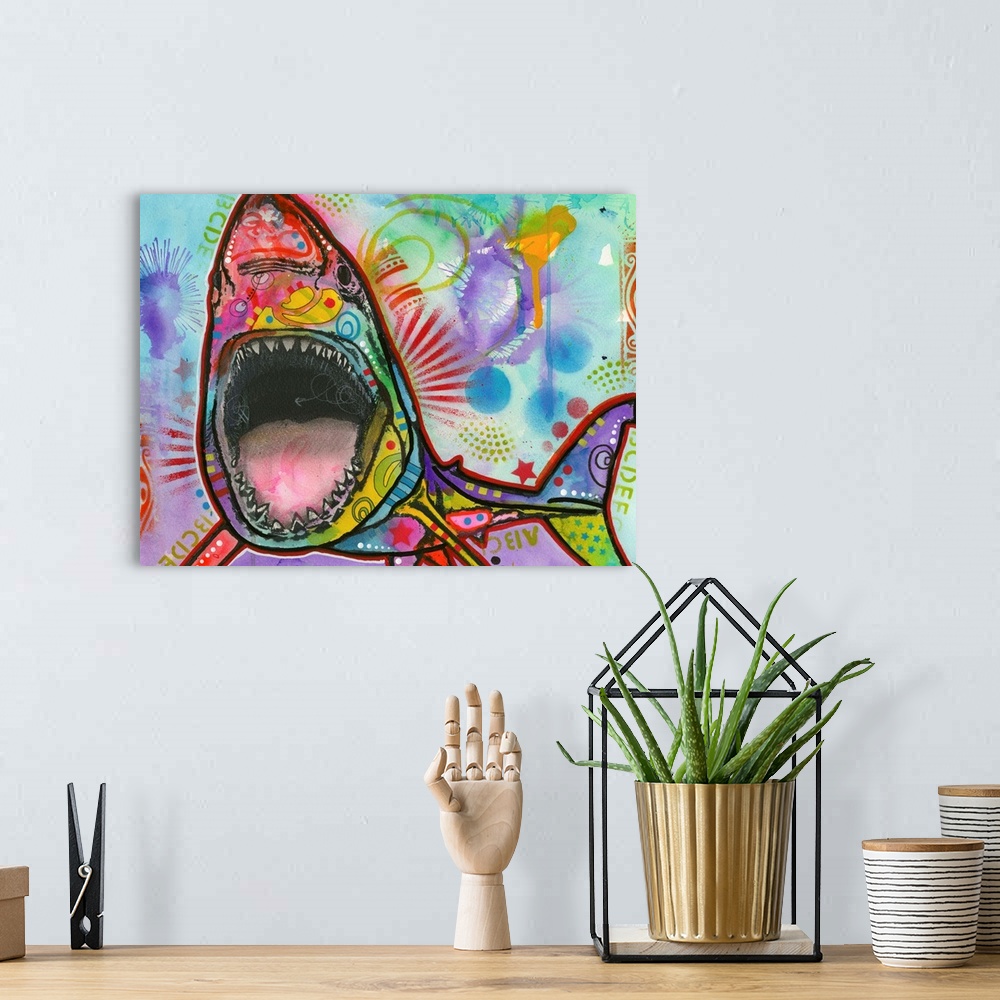 A bohemian room featuring Playful illustration of a shark with its mouth wide open, made with different colors and fun desi...