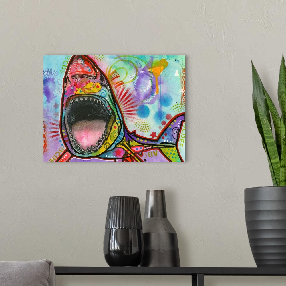 A modern room featuring Playful illustration of a shark with its mouth wide open, made with different colors and fun desi...