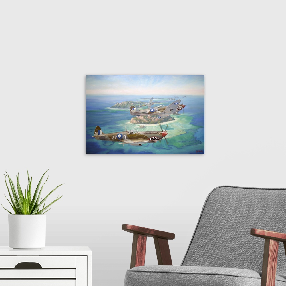 A modern room featuring Contemporary painting of military planes in the heat of battle.
