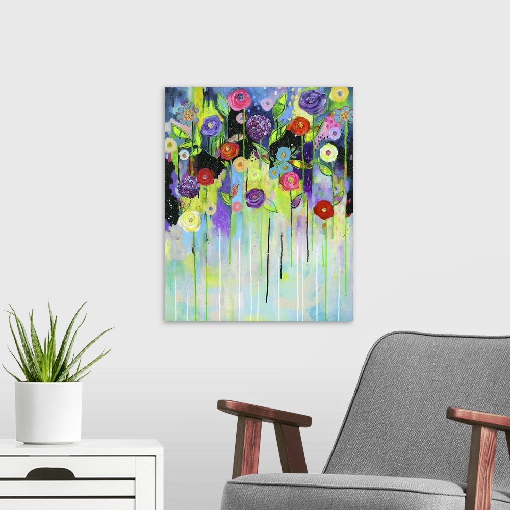 A modern room featuring Contemporary painting with vibrant flowers at the top with stems and paint dripping down to the b...