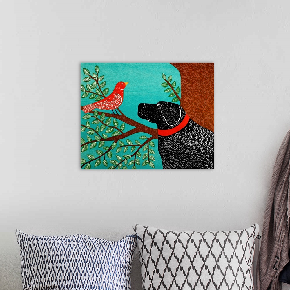 A bohemian room featuring Illustration of a black lab starring at a red bird perched on a tree branch.