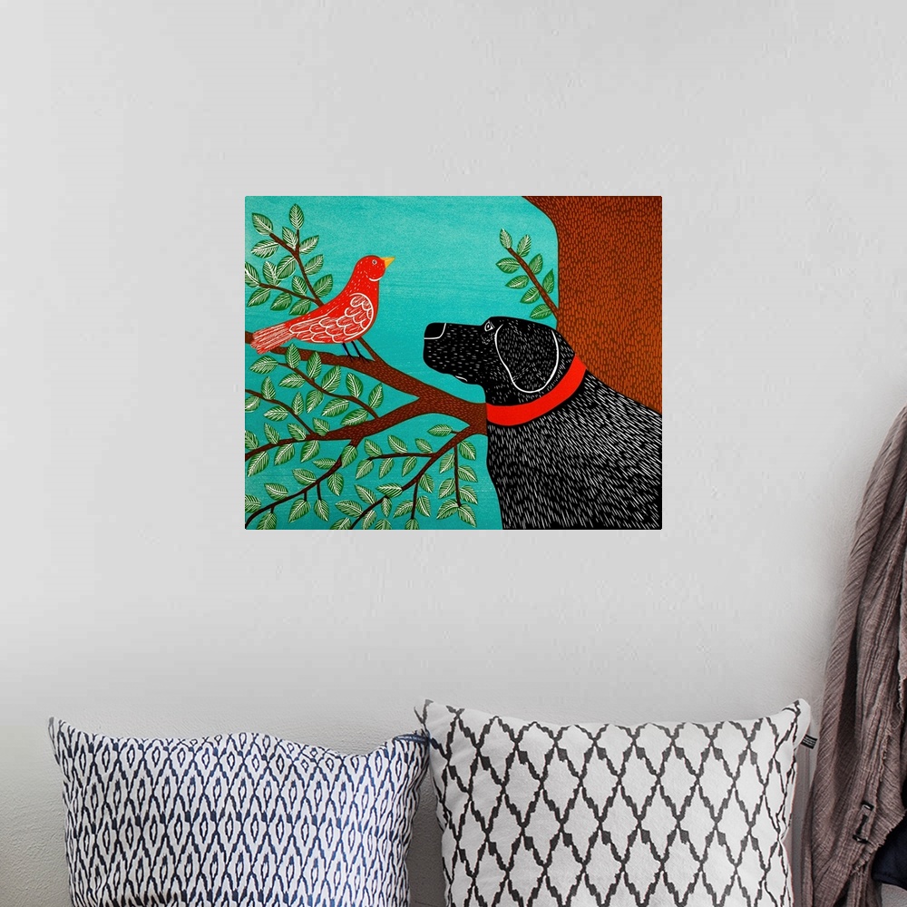 A bohemian room featuring Illustration of a black lab starring at a red bird perched on a tree branch.