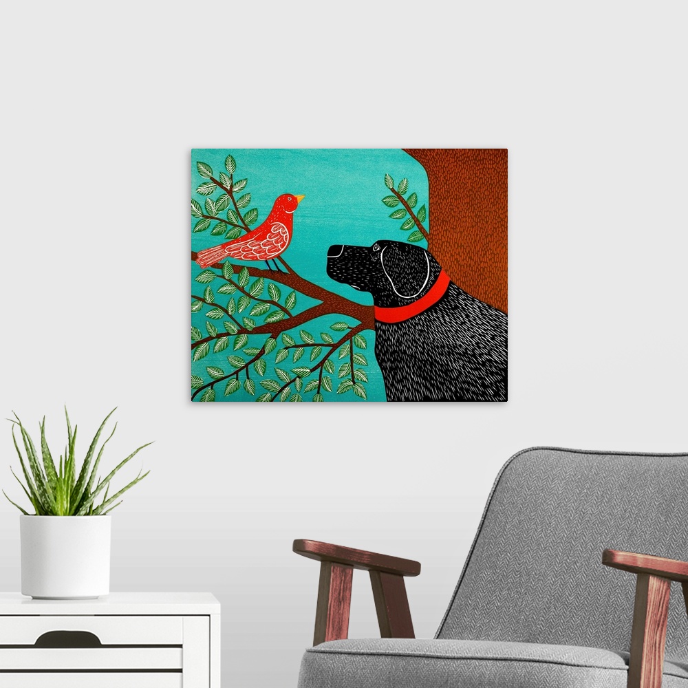 A modern room featuring Illustration of a black lab starring at a red bird perched on a tree branch.