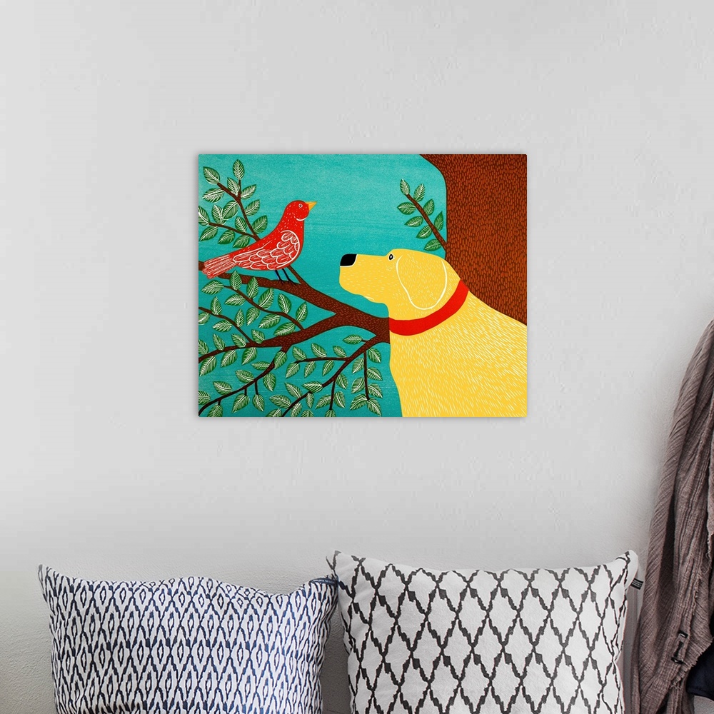 A bohemian room featuring Illustration of a yellow lab starring at a red bird perched on a tree branch.