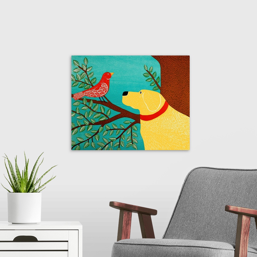 A modern room featuring Illustration of a yellow lab starring at a red bird perched on a tree branch.