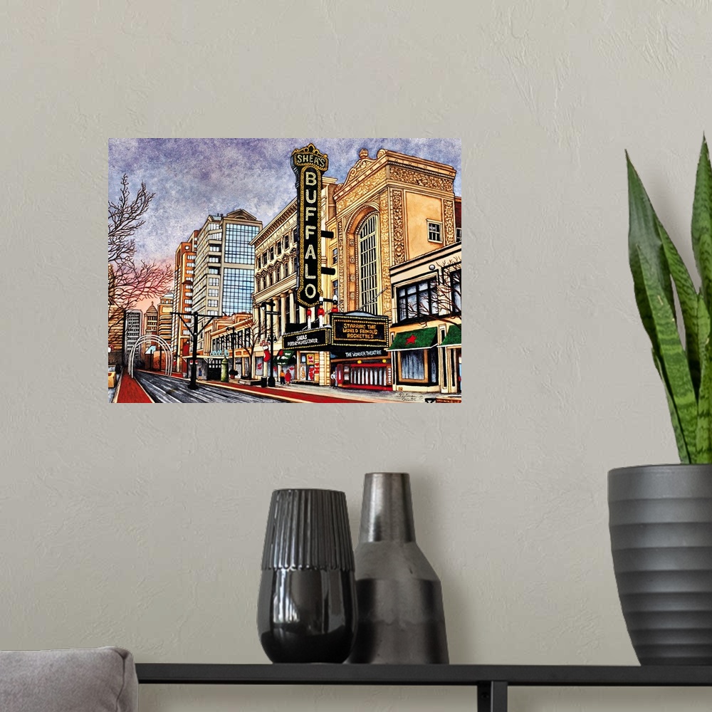 A modern room featuring Contemporary painting of a town in Buffalo New York.