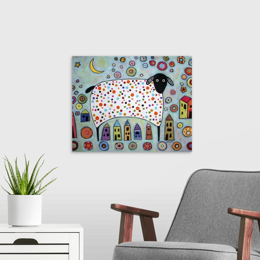 A modern room featuring Contemporary painting of a woolly sheep with small buildings and a crescent moon.