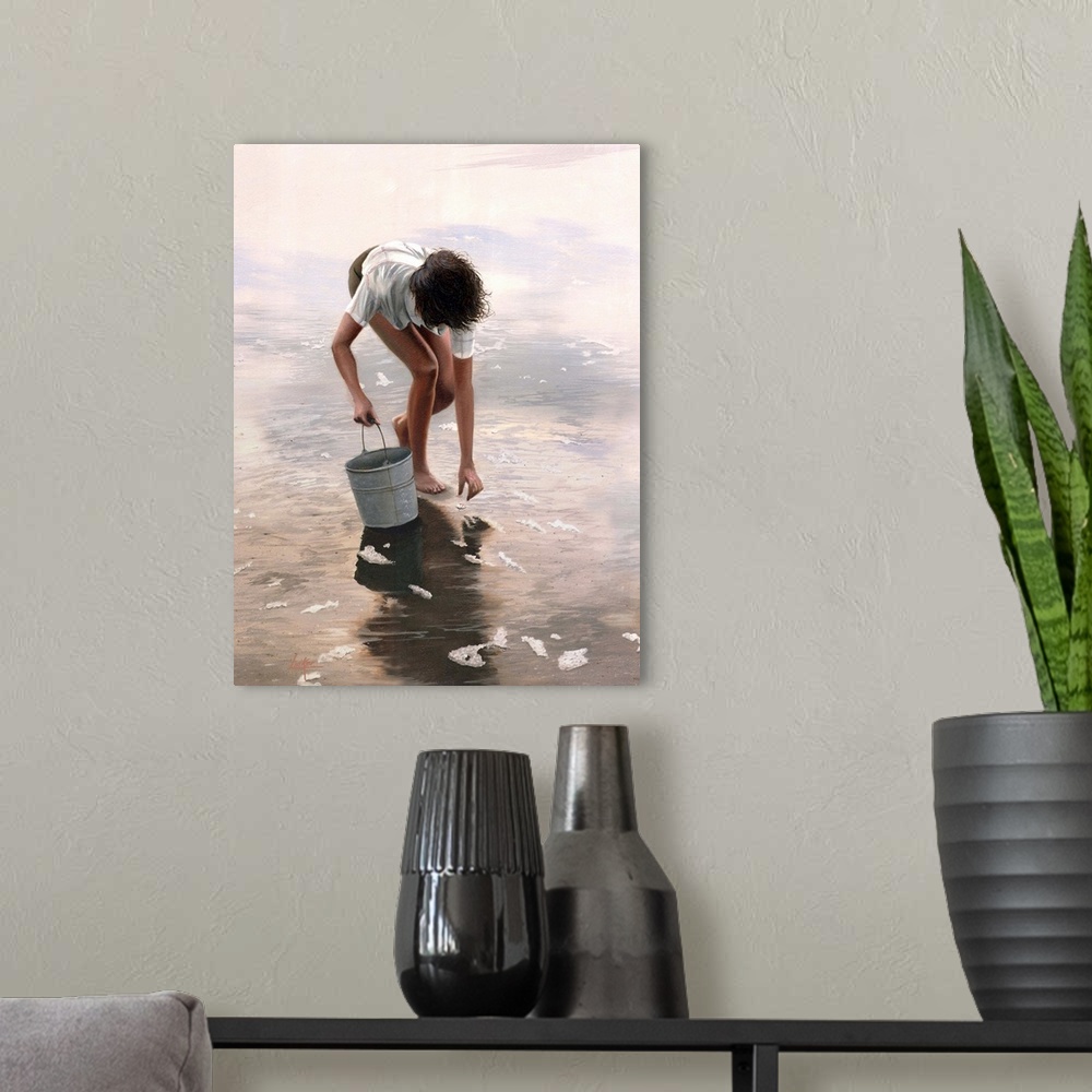 A modern room featuring Child holding bucket crouching in water to retrieve shell.