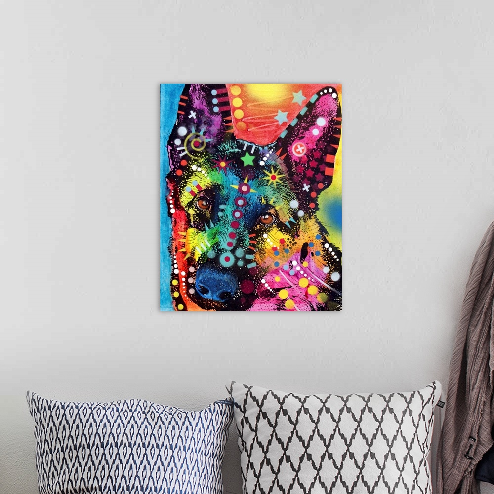 A bohemian room featuring Contemporary stencil painting of a german shepherd filled with various colors and patterns.