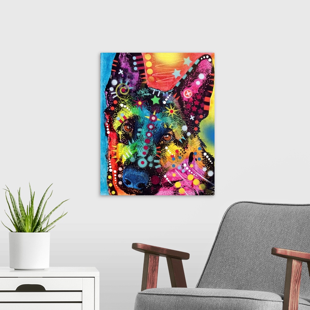 A modern room featuring Contemporary stencil painting of a german shepherd filled with various colors and patterns.