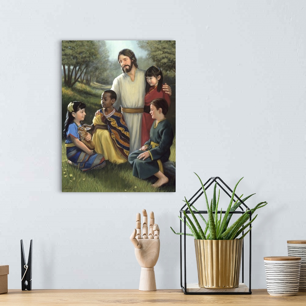 A bohemian room featuring Jesus with children of different ethnicities gathered around him.