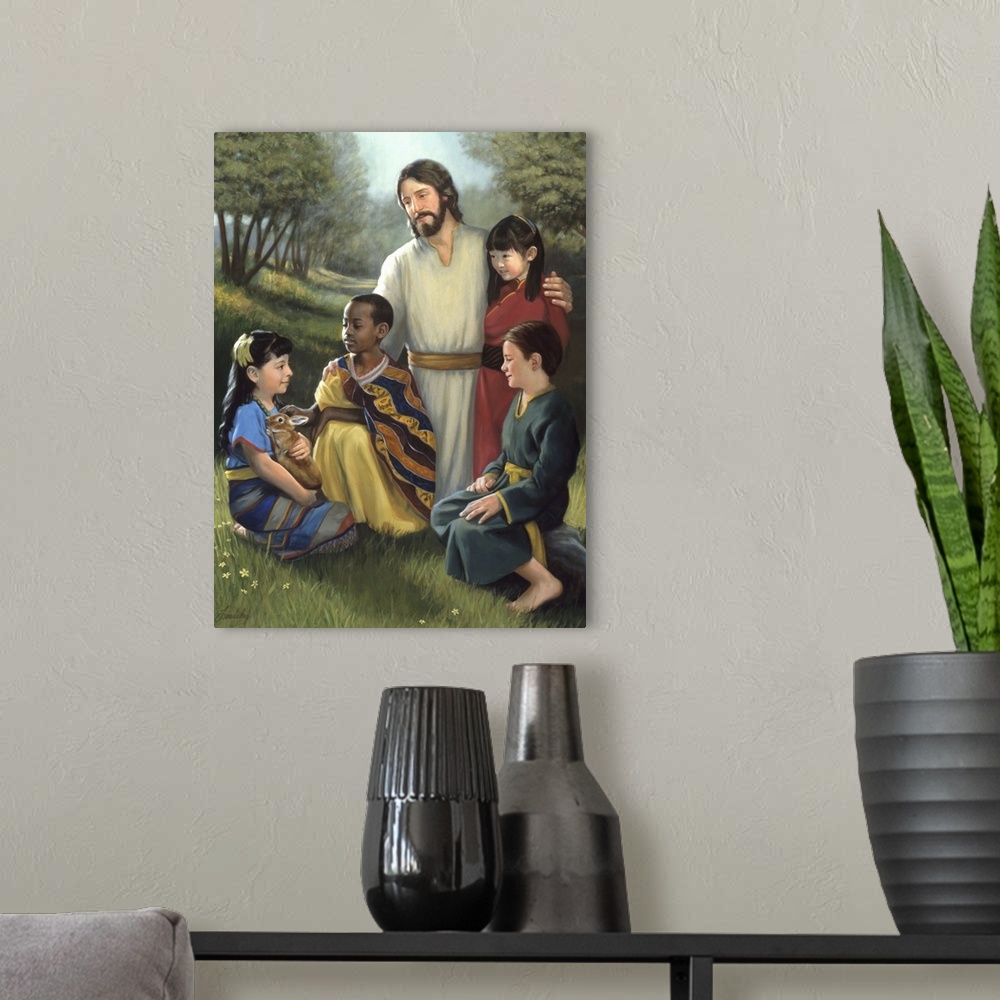 A modern room featuring Jesus with children of different ethnicities gathered around him.