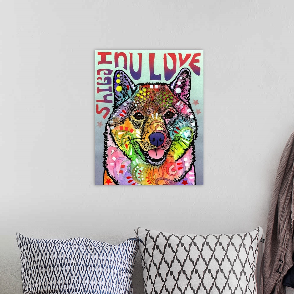 A bohemian room featuring "Shiba Inu Luv" written around a colorful painting of a Shiba Inu with abstract markings.