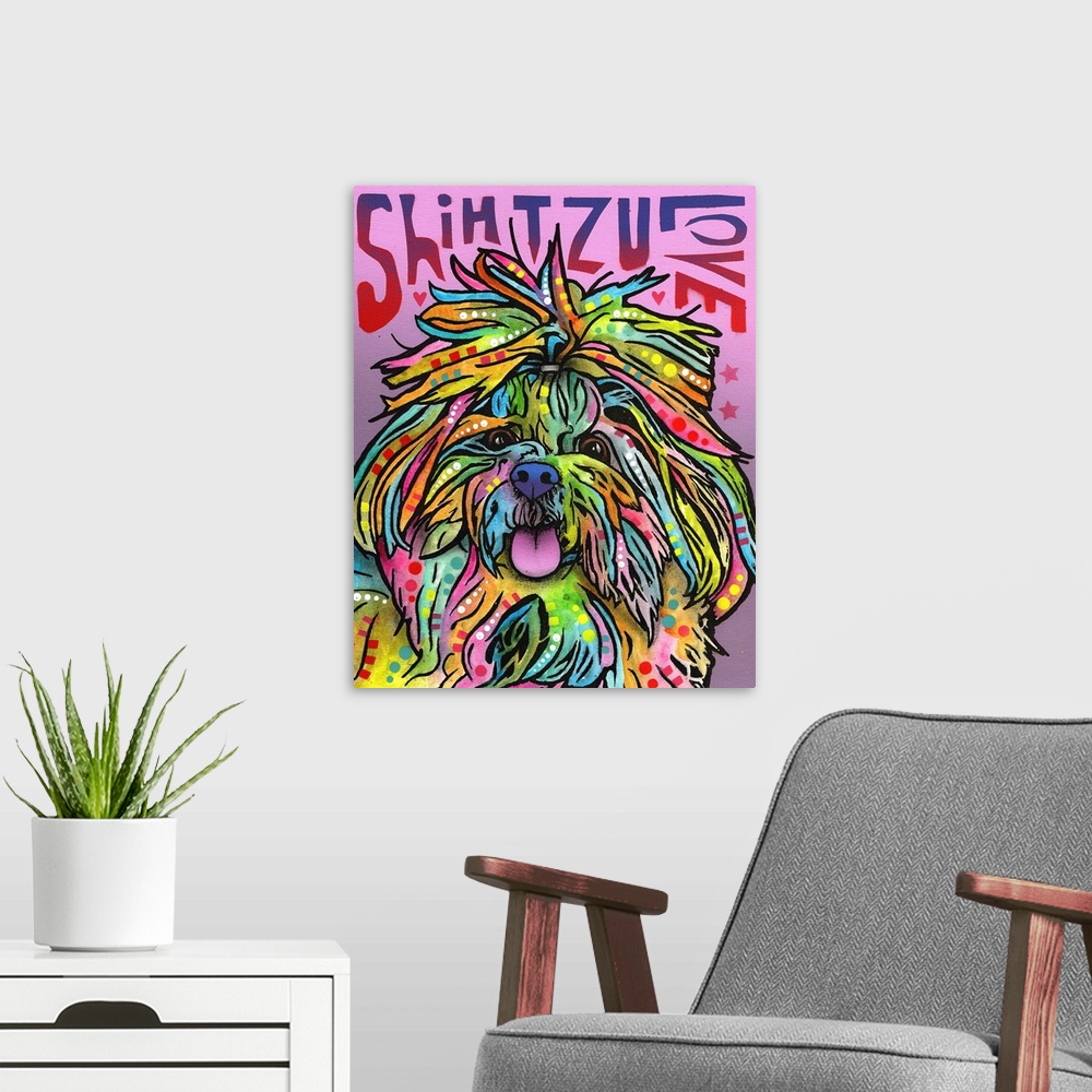 A modern room featuring "Shih Tzu Love" written around a colorful painting of a Shih Tzu with abstract markings on a purp...