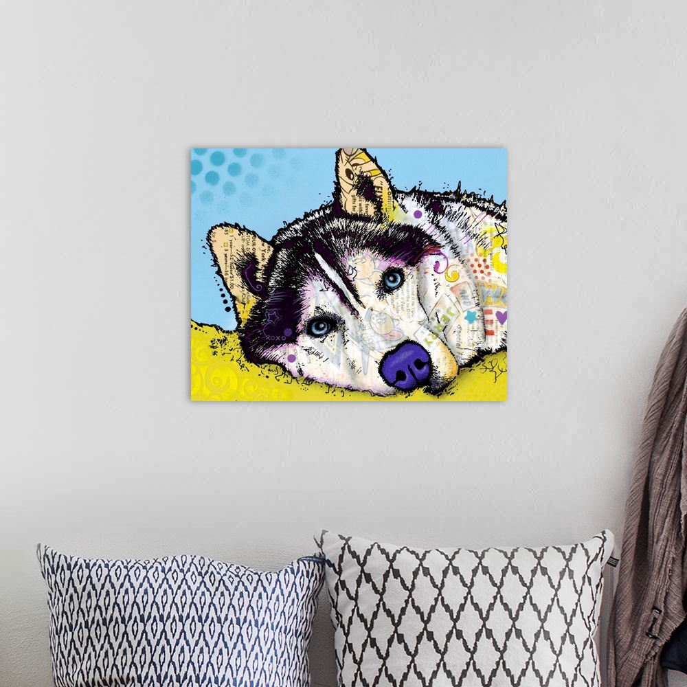 A bohemian room featuring Horizontal artwork on a giant wall hanging of the face of a Siberian Husky lying down, graphicall...
