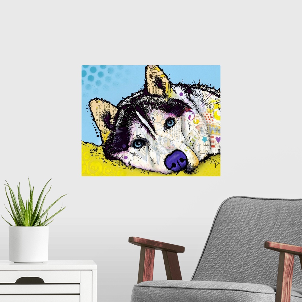A modern room featuring Horizontal artwork on a giant wall hanging of the face of a Siberian Husky lying down, graphicall...