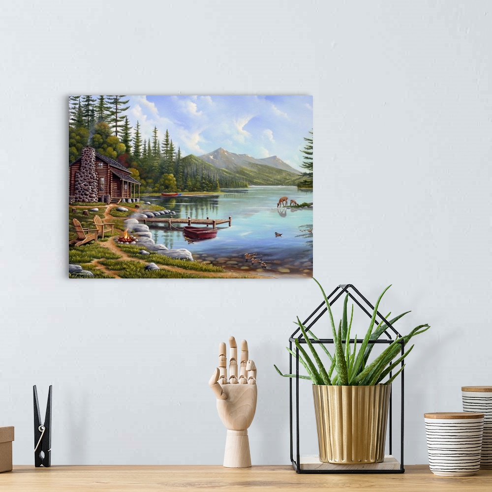 A bohemian room featuring A contemporary painting of a serene cottage lake scene.