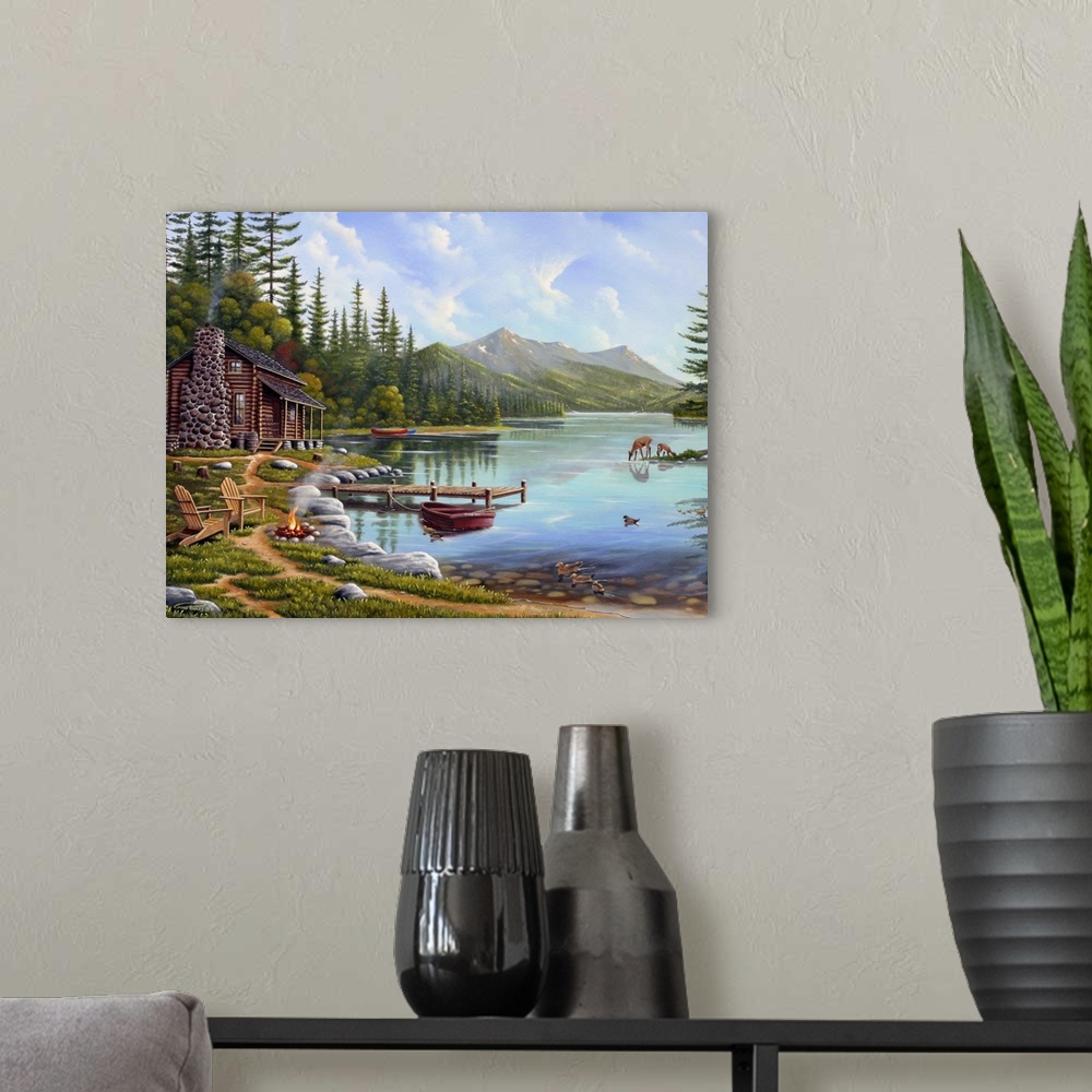 A modern room featuring A contemporary painting of a serene cottage lake scene.