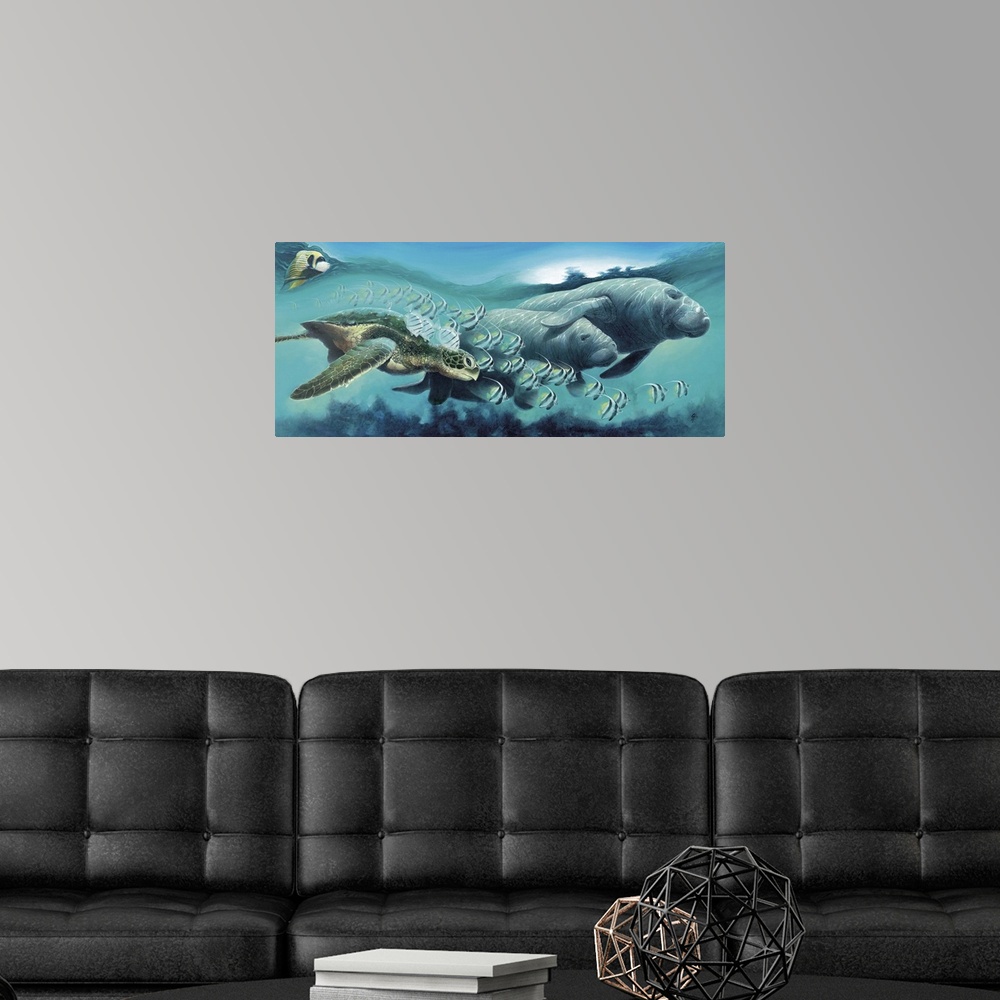 A modern room featuring A contemporary painting of a cross section view of marine life.
