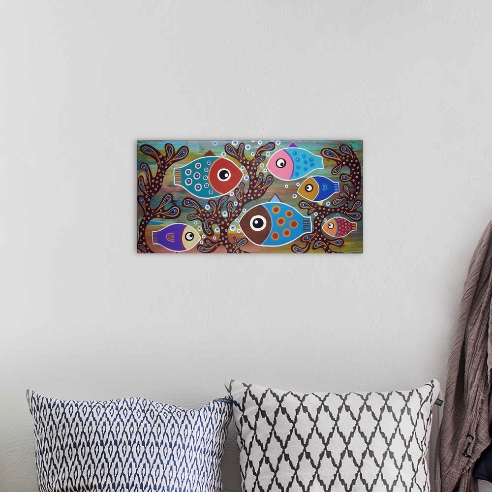 A bohemian room featuring Contemporary painting of six colorful fish with big eyes swimming among algae.