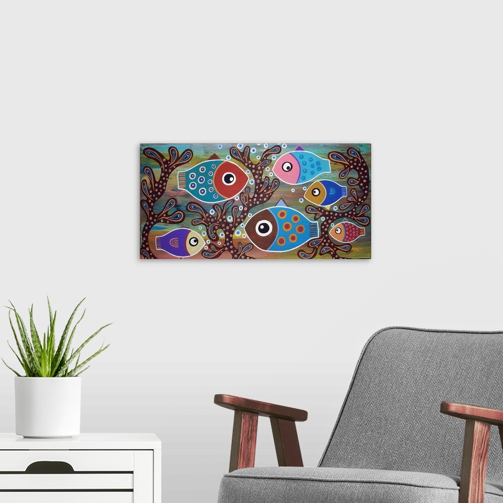 A modern room featuring Contemporary painting of six colorful fish with big eyes swimming among algae.