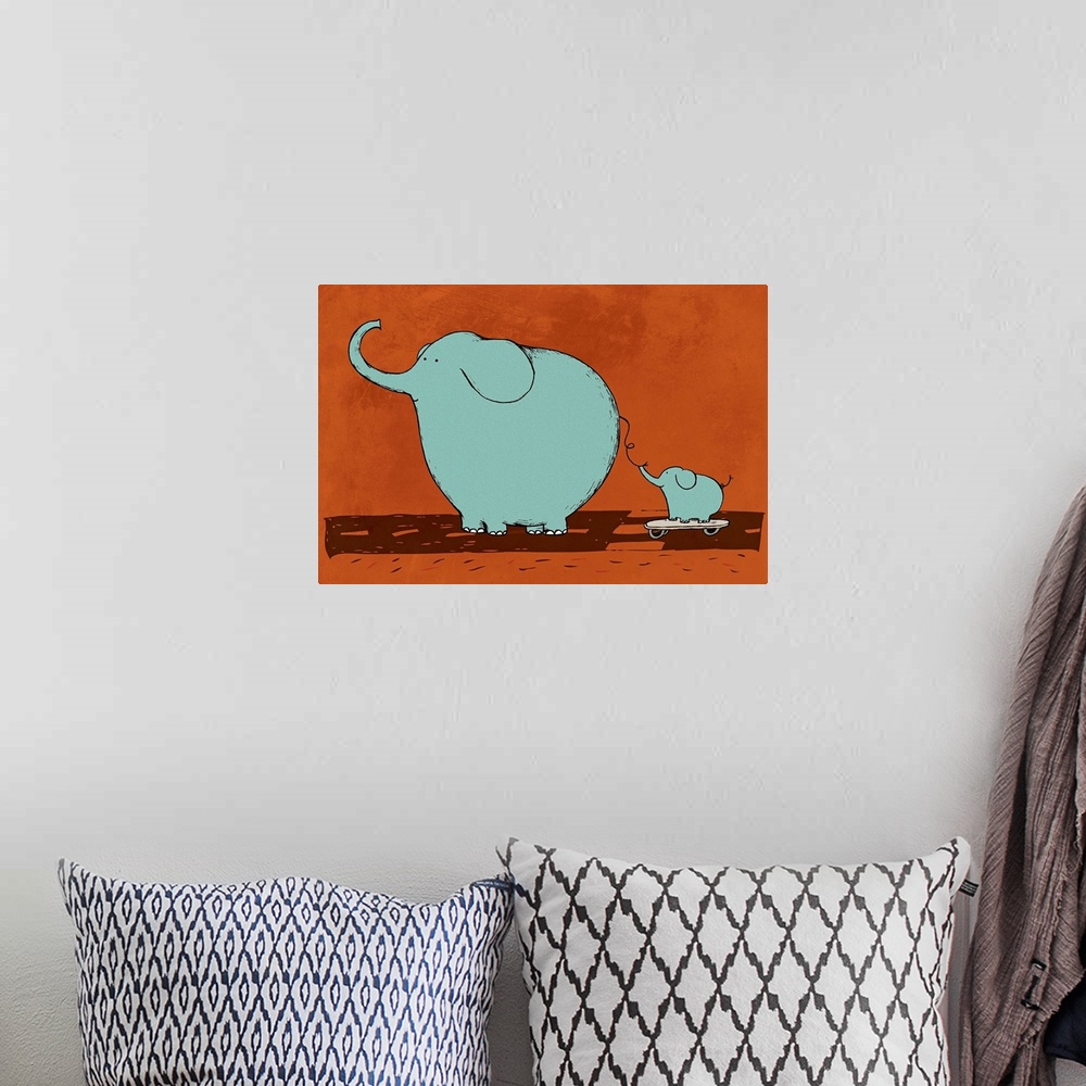 A bohemian room featuring Large Elephant and baby elephant on a skateboard children juvenile