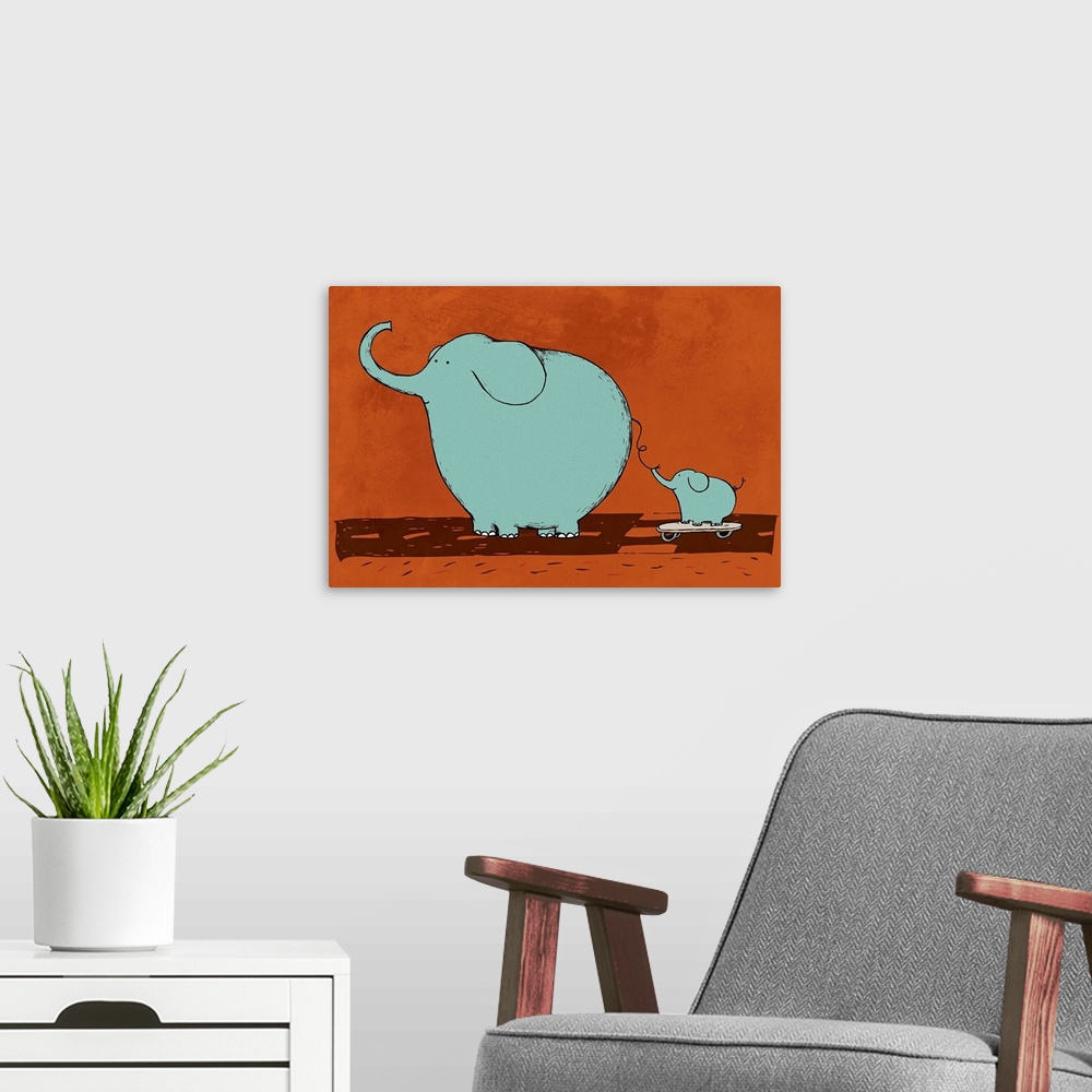 A modern room featuring Large Elephant and baby elephant on a skateboard children juvenile
